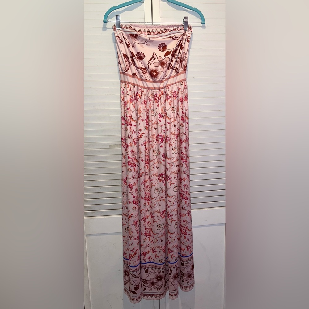 Pink floral and geo print strapless tube top maxi dress
